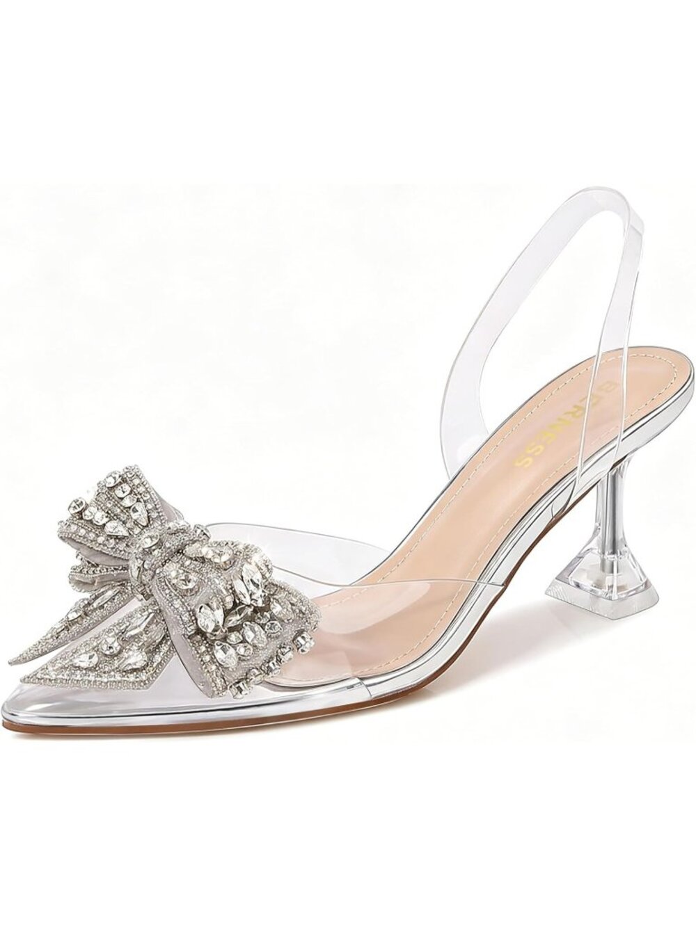 Women's Silver Crystal Bow Clear Slingback Pointed Closed Toe Comfortable Heels